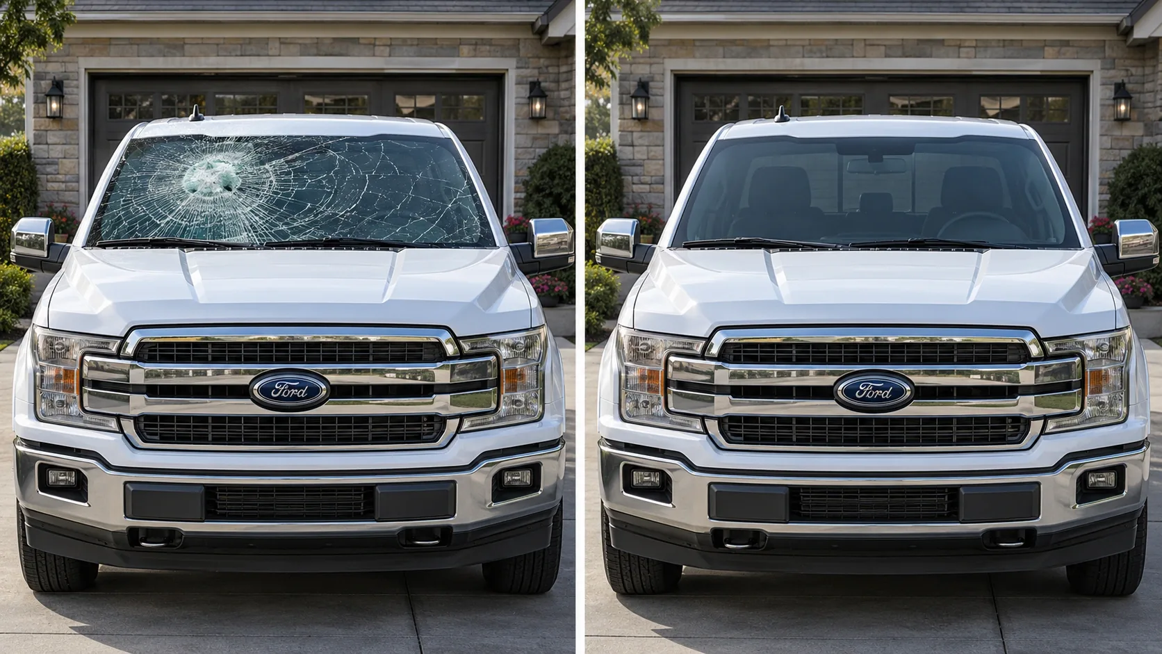 Ford F-150 before and after mobile auto glass repair, damaged windshield on the left and clear glass on the right