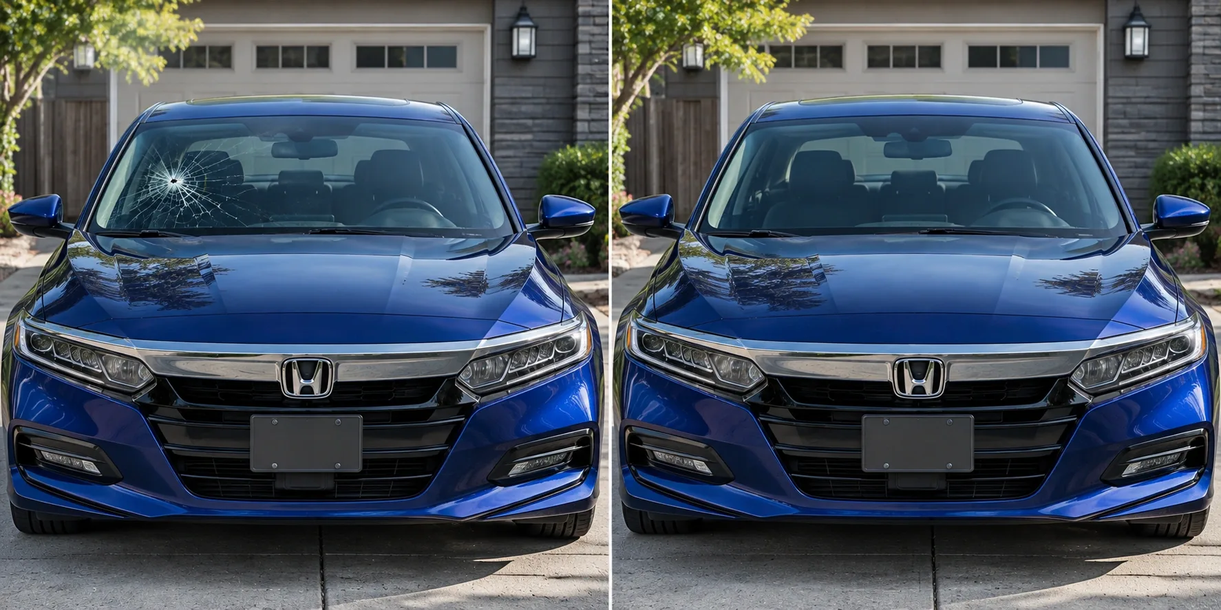 Honda Accord before and after a windshield chip repair, chip visible on the left and repaired glass on the right