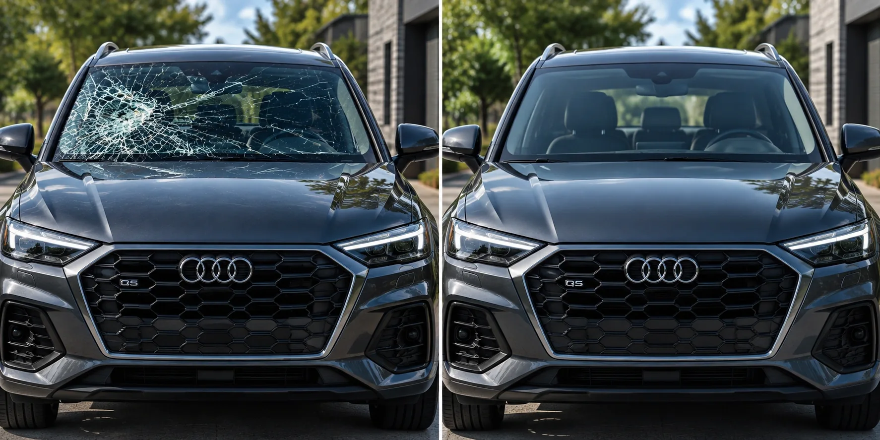 Audi Q5 before and after a mobile windshield replacement, shattered glass on the left and new glass fitted on the right