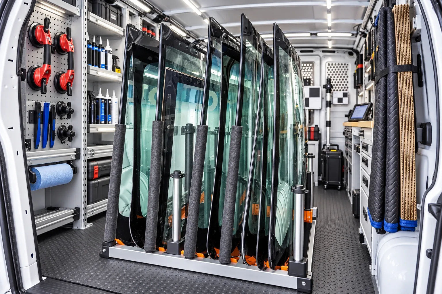 Inside the Auto Glass Mobile service van, stocked with windshields and installation tools