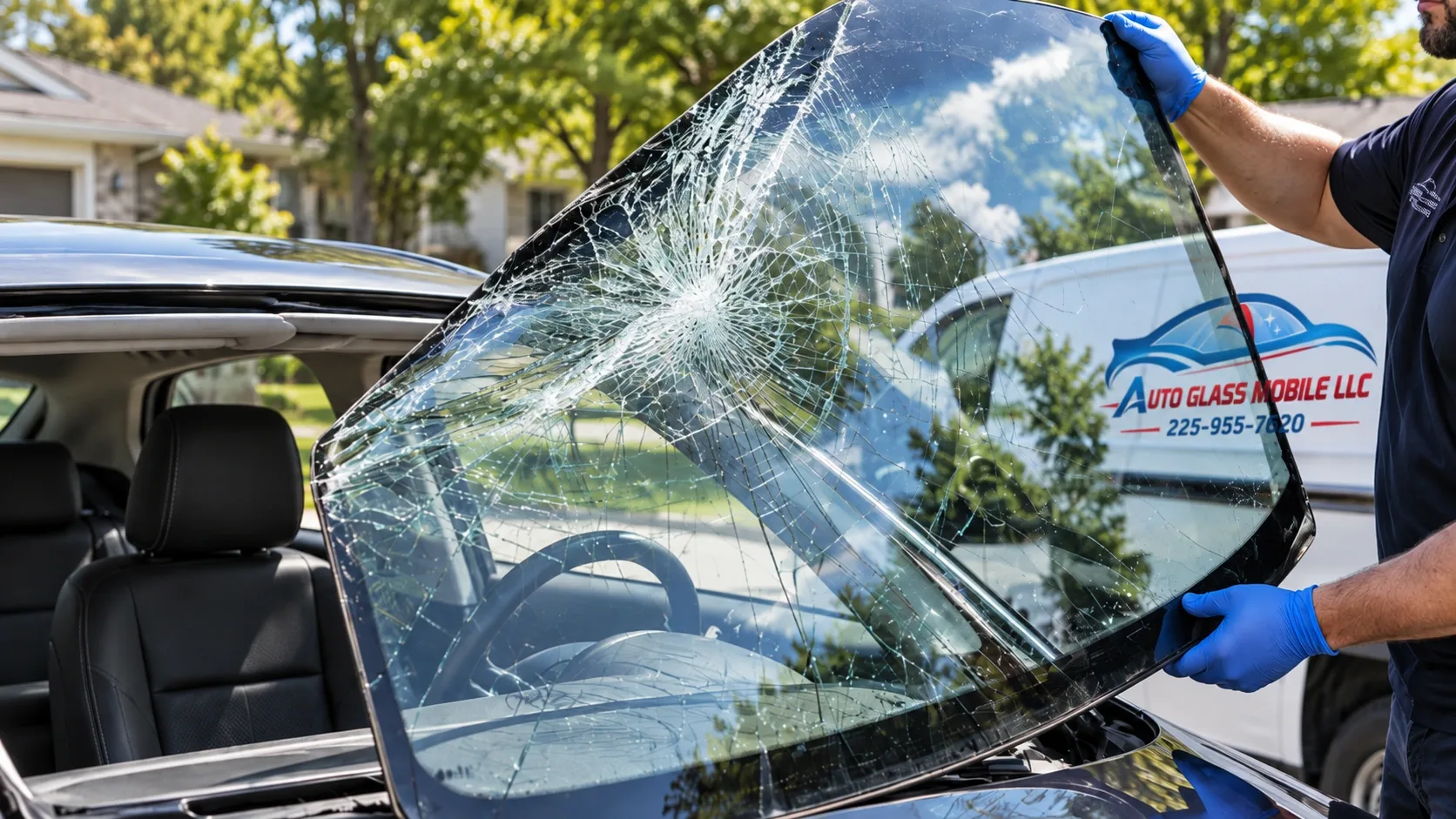 Auto Glass Mobile technician lifting a shattered windshield out of an SUV during a mobile replacement in Baton Rouge