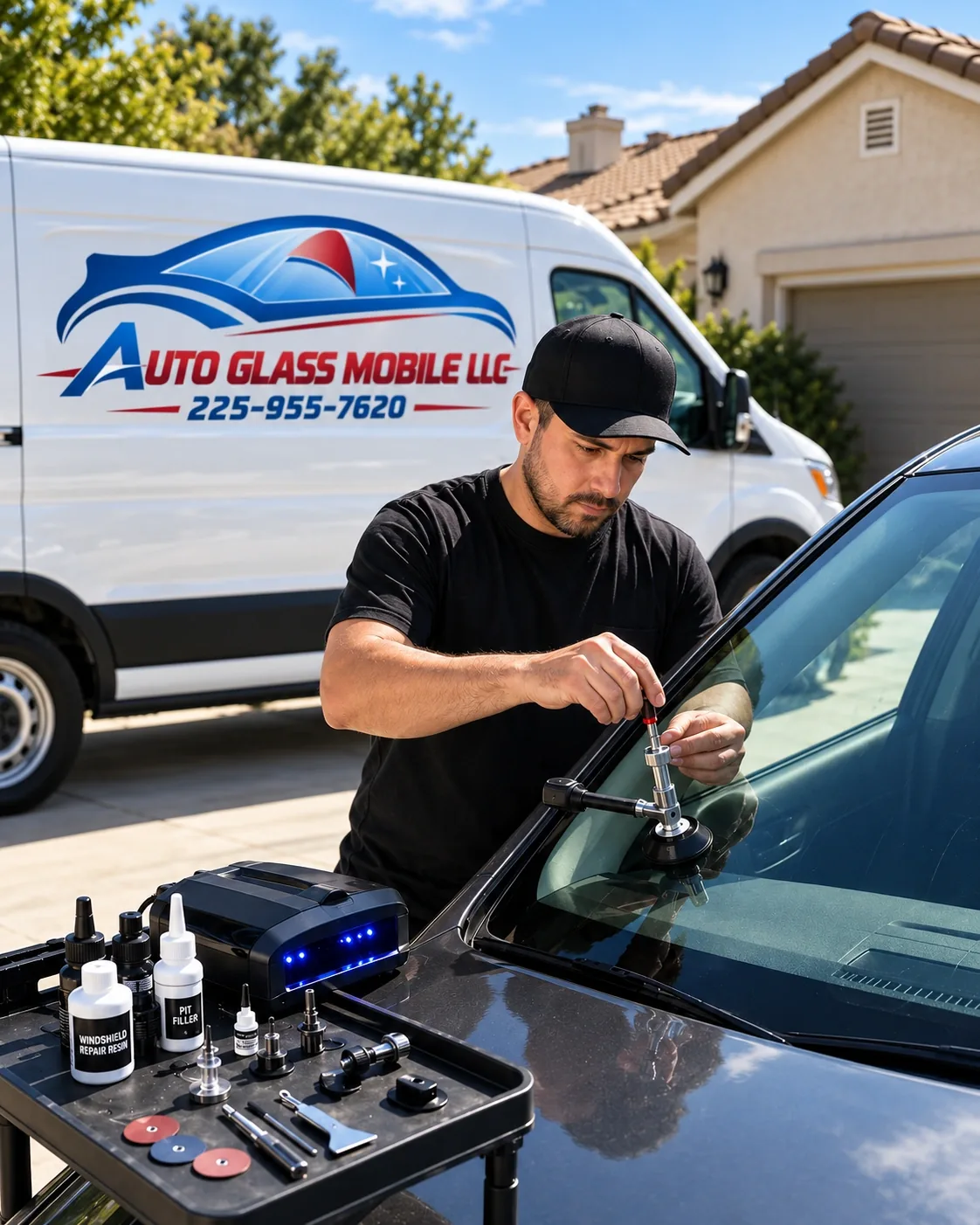 Auto Glass Mobile technician repairing a windshield chip in a driveway with the company van parked behind